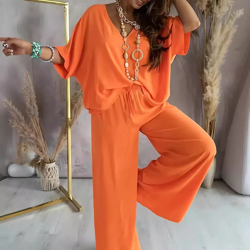 Women’s Two-Piece Set – Relaxed Fit – V-Neck Top – Wide-Leg Pants – Breathable Blend