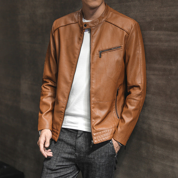 Men’s Biker Jacket - Slim Fit Leather - Stand Collar - Zippered Pockets Casual Style