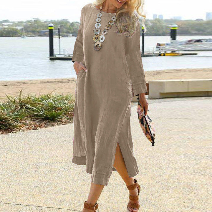 Women’s Midi Dress - Lightweight Linen Blend - Relaxed Fit - Long Sleeve with Pockets
