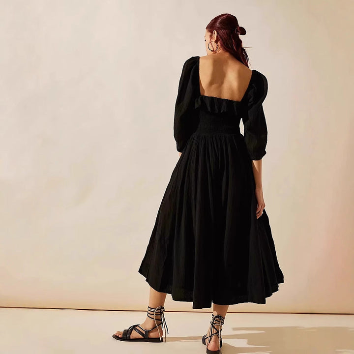 Women’s Midi Dress – Square Neck – Puff Sleeve – Tie Front – Side Slit – Textured Fabric
