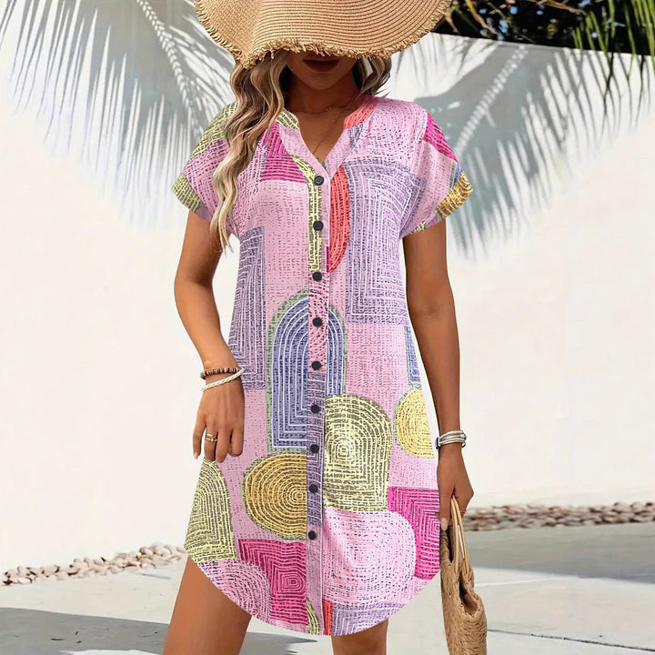 Women’s Dress – V-Neck Button Front – Loose Fit – Short Sleeve – Cotton Blend – Geometric Print