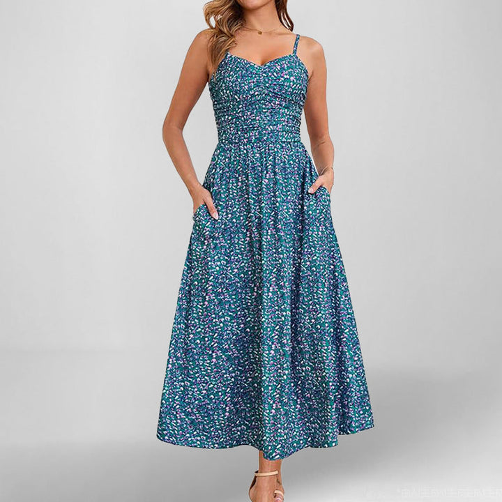 Women’s Maxi Dress – Ruched Bodice – Spaghetti Straps – Sleeveless A-Line – With Pockets