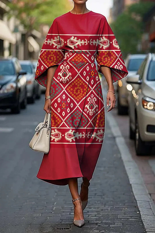 Women’s Midi Dress – Luxury Fabric – A-Line Fit – Kimono Sleeves – Floral Print