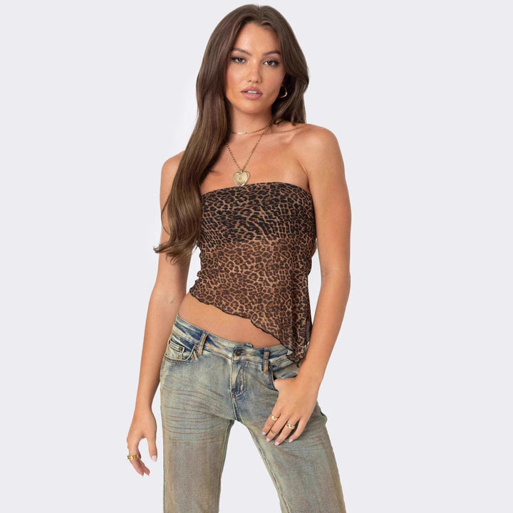 Women’s Strapless Top - Animal Print - Slim Fit - Asymmetric Hem Casual Wear
