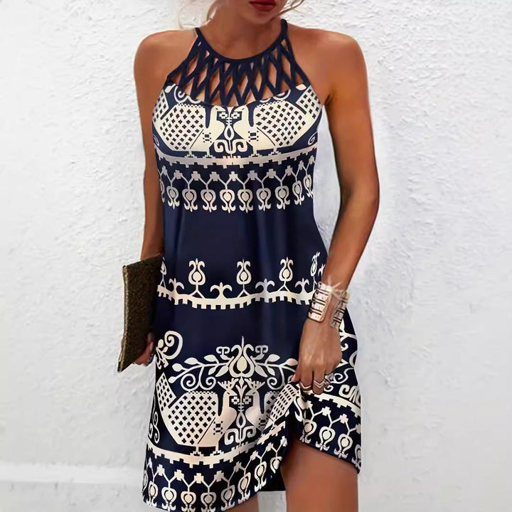 Women’s Halter Neck Dress - Slim Fit - Leaf Print - Cut-Out Detail - Mini Length