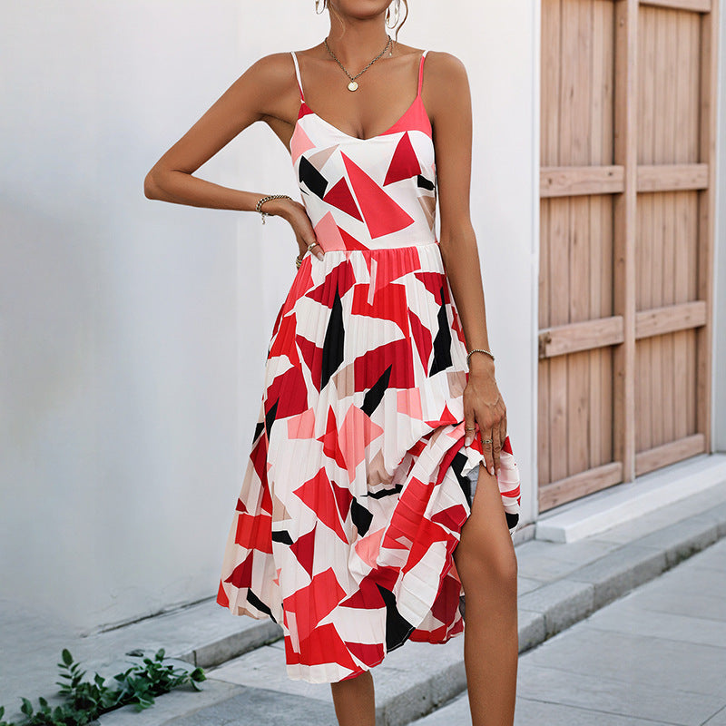Women’s A-Line Dress – Lightweight Fabric – Spaghetti Strap – Pleated Skirt – Abstract Print