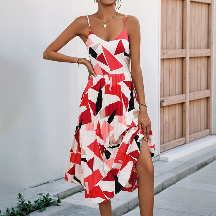 Women’s A-Line Dress – Lightweight Fabric – Spaghetti Strap – Pleated Skirt – Abstract Print