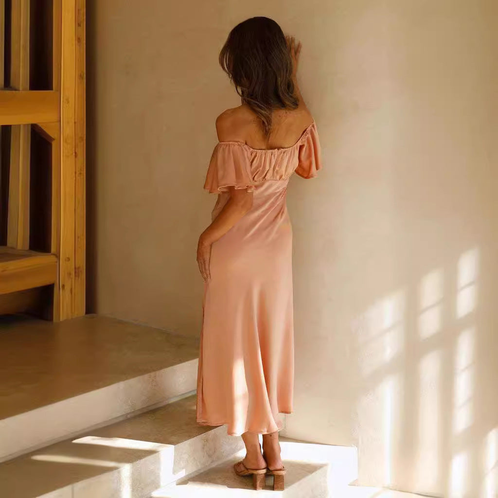 Women’s Midi Dress – Off Shoulder – Ruffle Sleeve – Fitted Bodice – Side Slit
