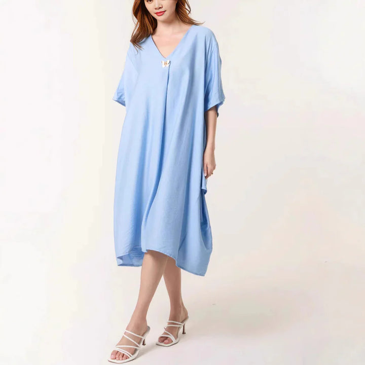Women’s Tunic Dress – Relaxed Fit – Midi Length – V-Neck – Soft Breathable Blend
