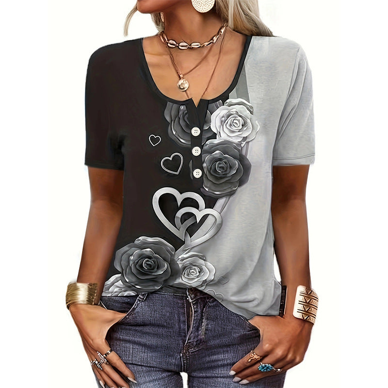 Women’s T-Shirt – Relaxed Fit – Scoop Neck with Buttons – Artistic Floral Design