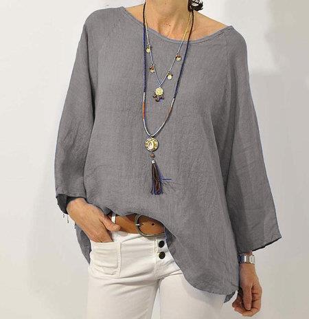 Women’s Top – Cotton Linen Blend – Relaxed Fit – 3/4 Raglan Sleeve – Asymmetrical Hem – Round Neck