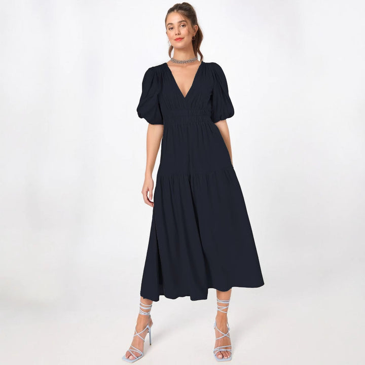 Women’s Midi Dress – A-Line Silhouette – Deep V-Neck – Puff Sleeves – Tiered Skirt