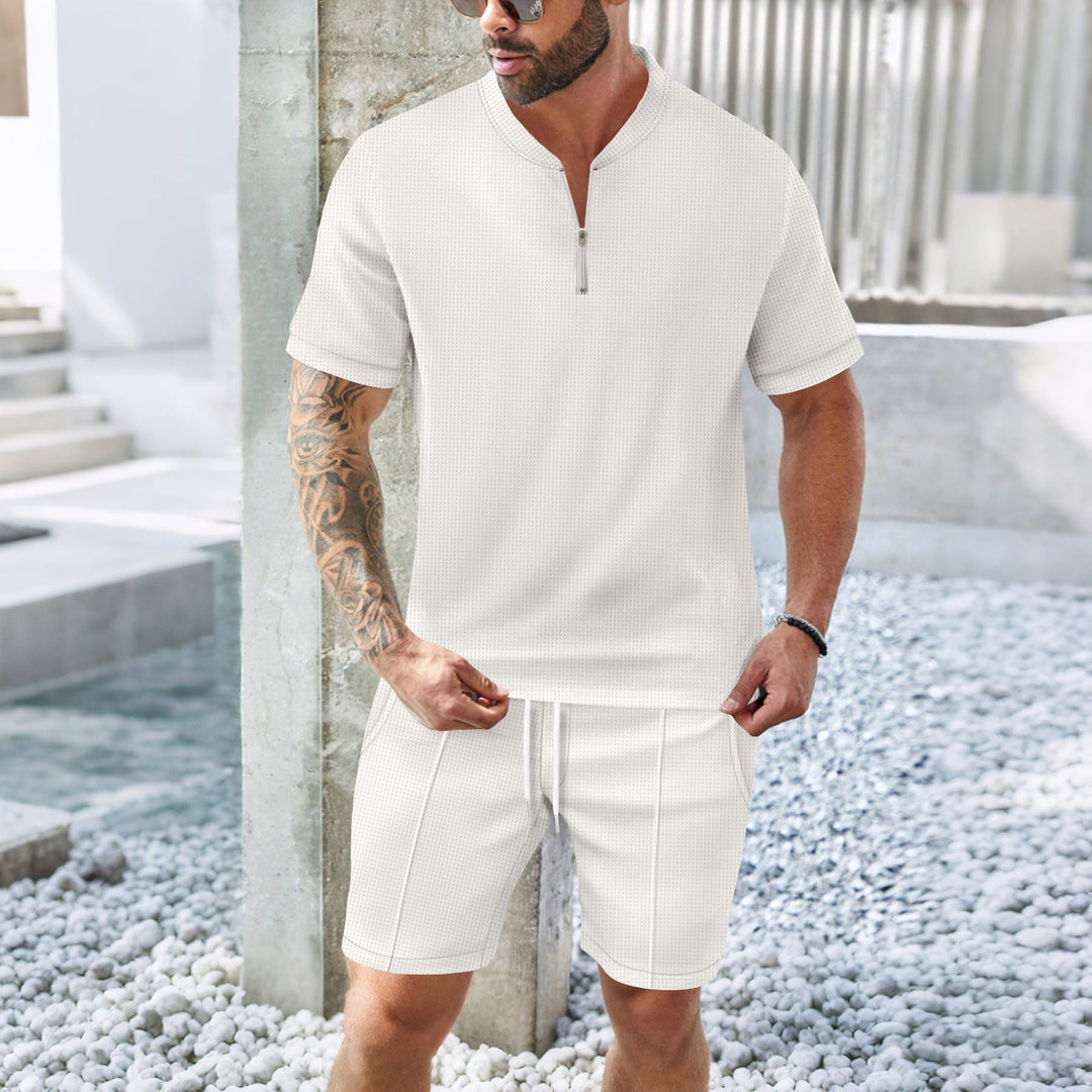 Men’s Sport Set – Relaxed Fit – Short Sleeve Zip Top – Drawstring Shorts