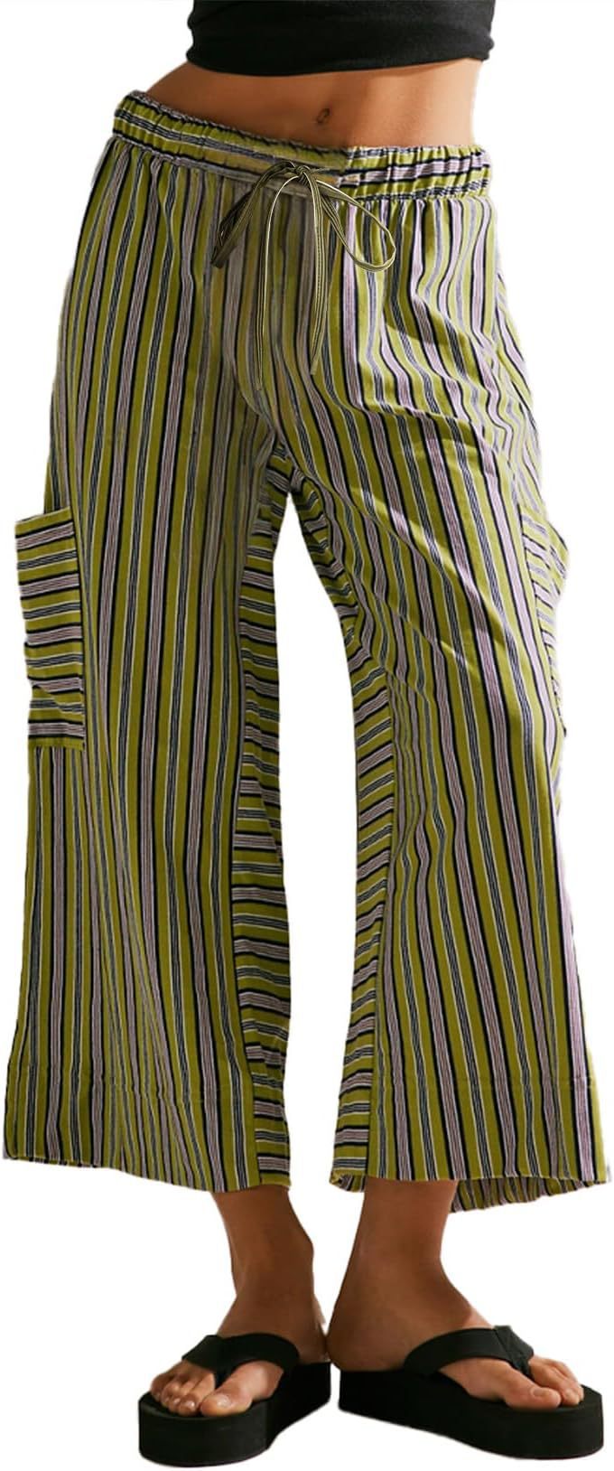 Women’s Wide-Leg Pants - Relaxed Fit - Breathable Blend - Drawstring Waist - Striped