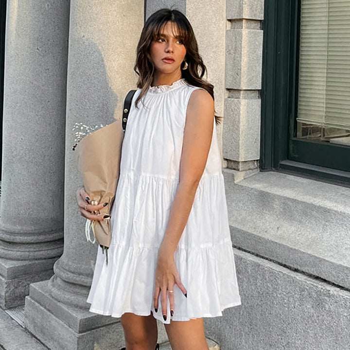 Women’s A-Line Dress - Sleeveless Tiered Design - Ruffled High Neck - Lightweight Fit