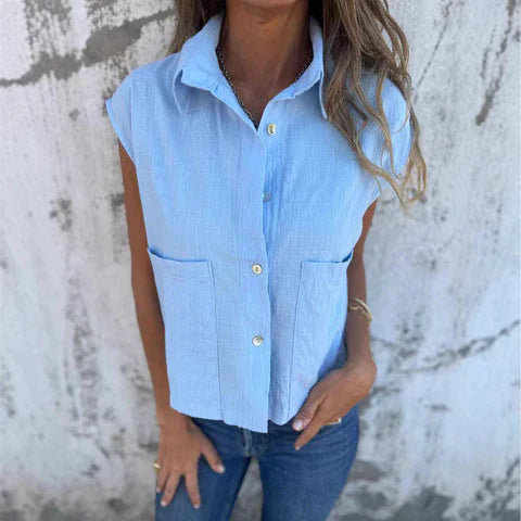 Women’s Sleeveless Top – Relaxed Fit – Button-Up – Natural Fibers – Front Pockets