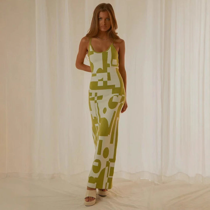 Women’s Maxi Dress - Bodycon Fit - Spaghetti Strap - Geometric Print - Stretch Fabric