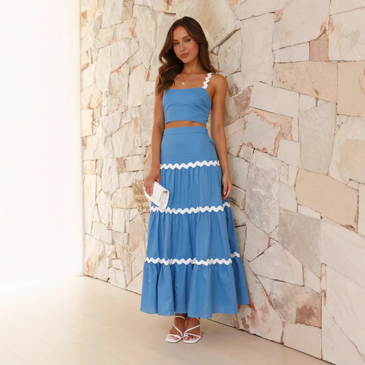Women’s Two-Piece Set – One-Shoulder Crop Top – Tiered Maxi Skirt – Scalloped Trim