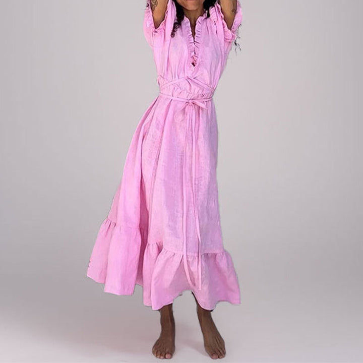 Women’s Maxi Dress – V-Neck Ruffle Detail – Puff Sleeve – Tiered Hem – Cinched Waist