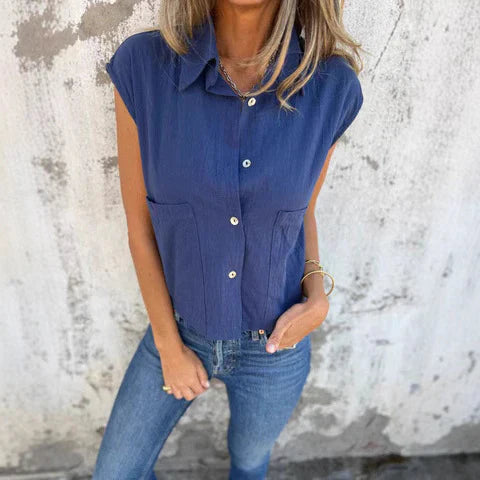 Women’s Sleeveless Top – Relaxed Fit – Button-Up – Natural Fibers – Front Pockets