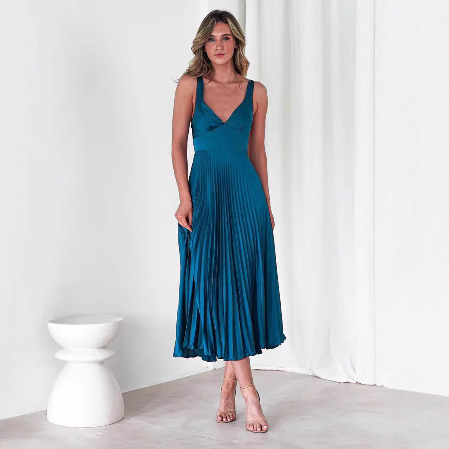 Women’s Midi Dress – V-Neck – Pleated Skirt – Sleeveless – Flowy Elegant Fit