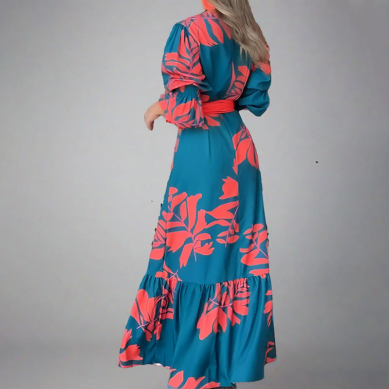 Women’s Maxi Dress – Plunging V-Neck – Puff Shoulder – Belted Waist – Ruffle Hem
