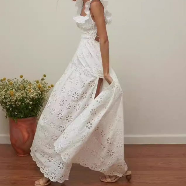 Women’s Maxi Dress - Eyelet Fabric - Ruffled Straps - Square Neck - High Slit Skirt
