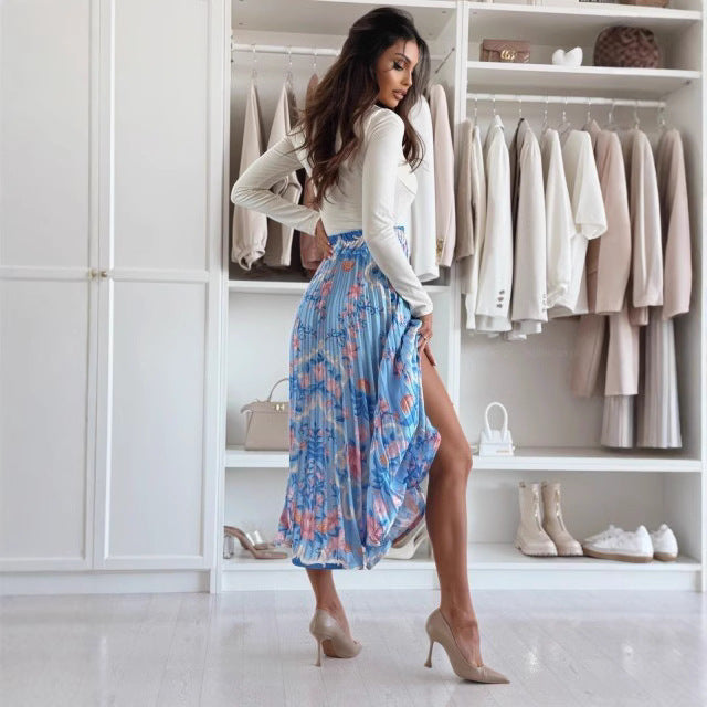 Women’s Midi Skirt - High Waist A-Line - Pleated Flowing Fit - Side Slit Statement Print