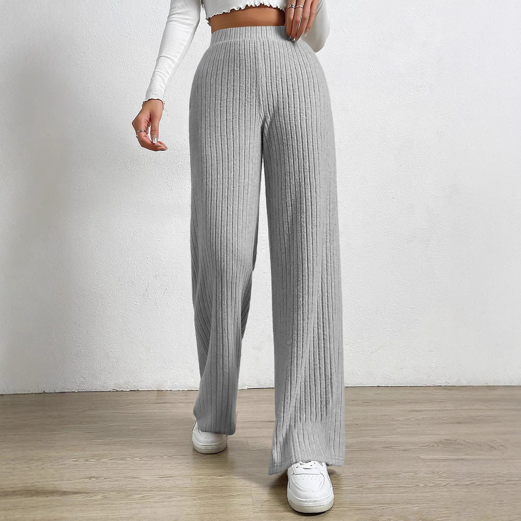 Women’s Wide-Leg Pants – Ribbed Knit – High Waist – Full Length – Relaxed Fit