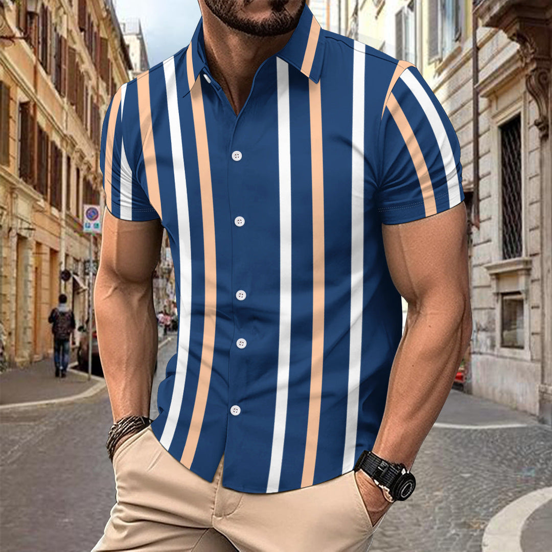 Men’s Short Sleeve Shirt - Slim Fit - Cotton - Vertical Stripe - Casual
