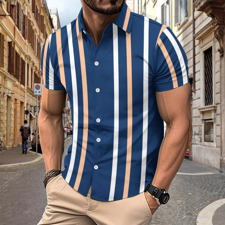 Men’s Short Sleeve Shirt - Slim Fit - Cotton - Vertical Stripe - Casual