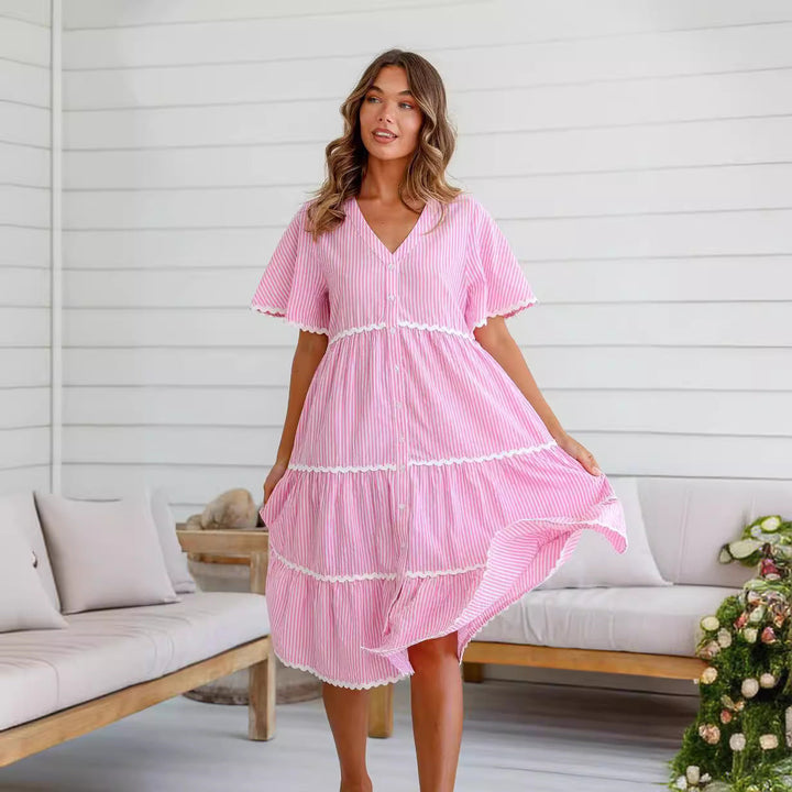 Women’s Tiered Dress – V-Neck – Short Sleeve – Button Front – Scalloped Trim – Flowy Fit