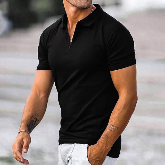 Men’s Polo Shirt - Slim Fit - Zipper Neckline - Short Sleeve Breathable Blend