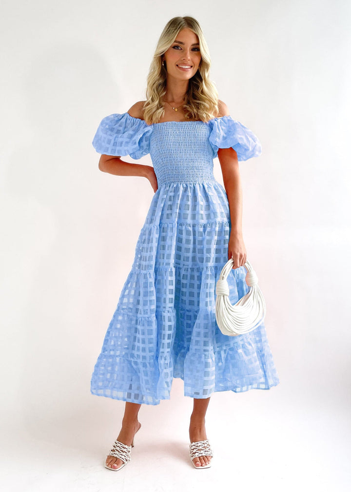 Women’s Maxi Dress – Off-Shoulder Puff Sleeves – Smocked Waist – Flowing Tiered Skirt – Lightweight Breathable Fabric
