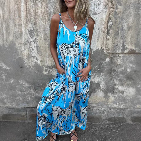 Women’s Maxi Dress – Relaxed Fit – Adjustable Straps – Bold Print – Natural Fibers – Pockets