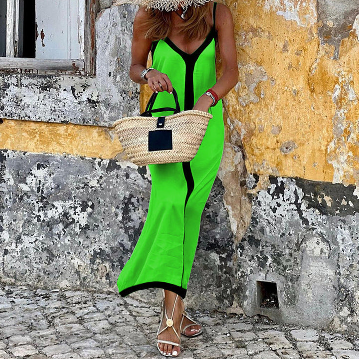 Women’s Midi Dress - Adjustable Straps - V-Neck - Relaxed Fit - Luxury Fabric - Contrast Trim