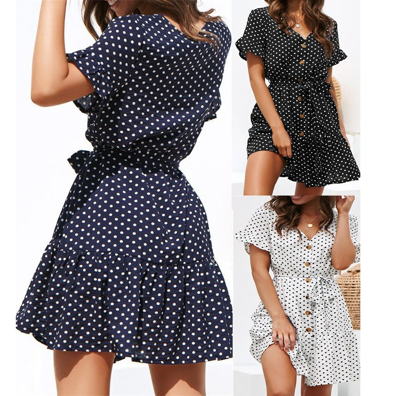 Women’s Dress – Cotton – Relaxed Fit – Short Sleeve – Ruffle Hem – V-Neck – Polka Dot