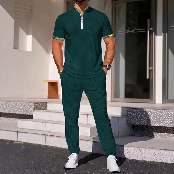 Men’s Sport Set -  Short Sleeve Shirt - Slim Fit - Zip Neck - Chest Pocket