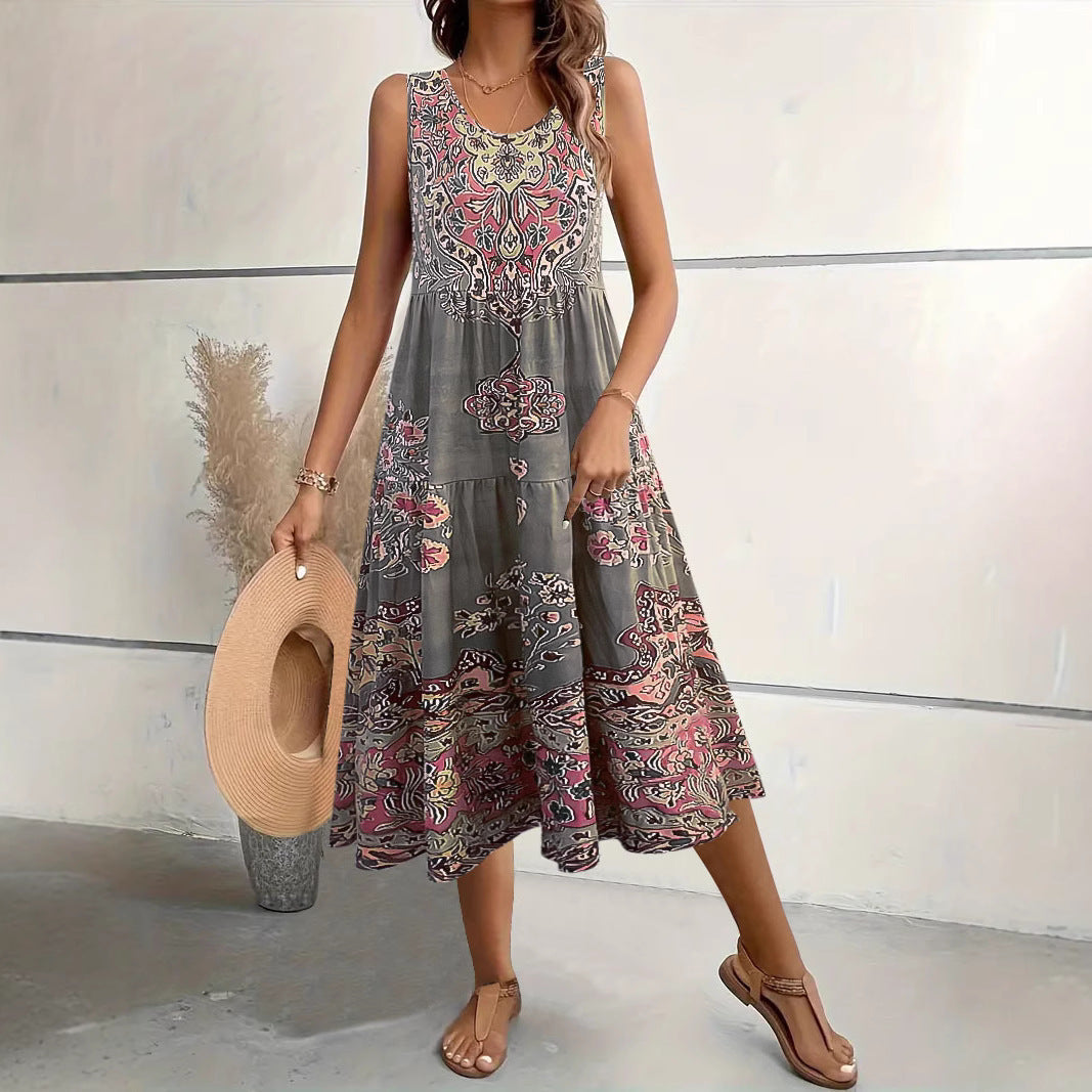Women’s Midi Dress – A-Line Fit – Cotton Blend – Sleeveless – U-Neck – Floral Print