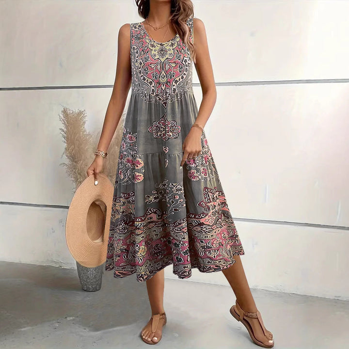 Women’s Midi Dress – A-Line Fit – Cotton Blend – Sleeveless – U-Neck – Floral Print