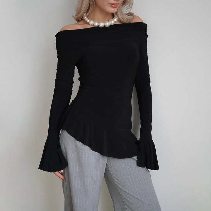 Women’s Off-Shoulder Top – Slim Fit – Ruffle Sleeve – Stretch Fabric