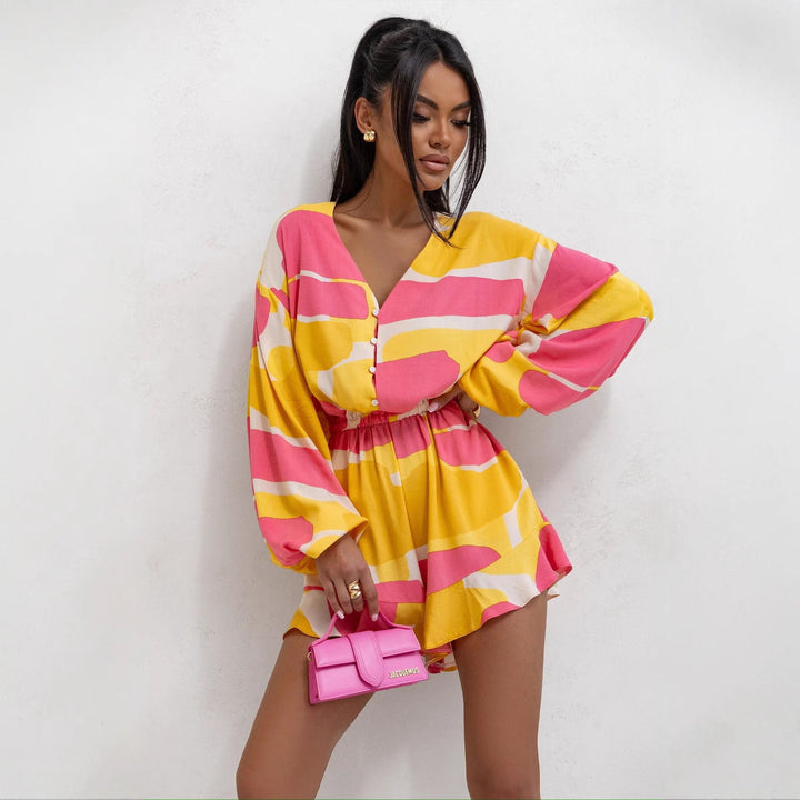 Women’s V-Neck Romper – Relaxed Fit – Long Sleeve – Abstract Print – Cinched Waist