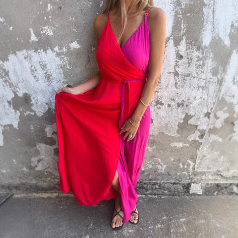 Women’s Maxi Dress - Halter Neck - Wrap Waist - Asymmetric Hem - Flowing Luxury Fabric