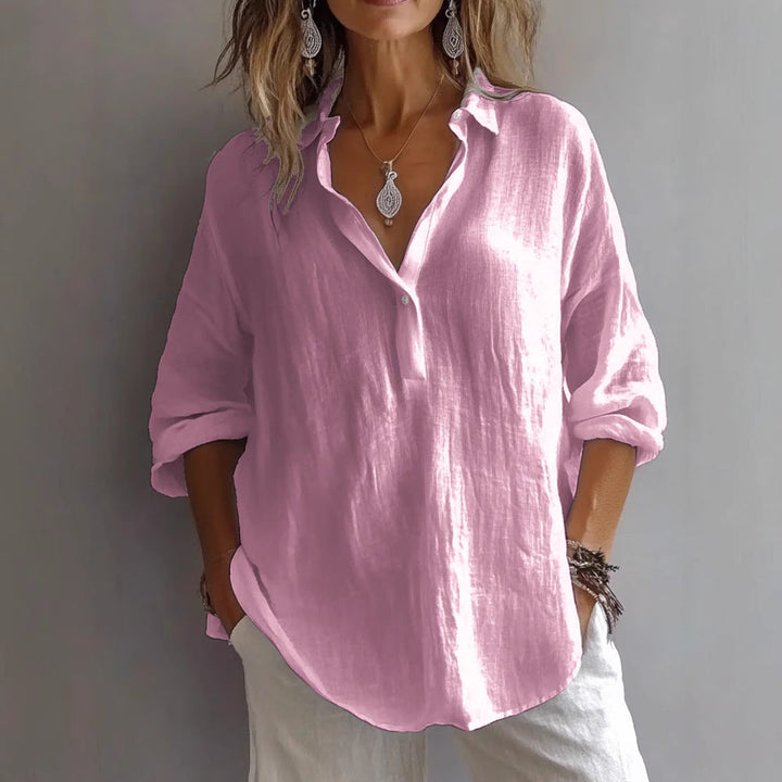 Women’s V-Neck Shirt – Natural Fibers – Loose Fit – Long Sleeve Casual Style