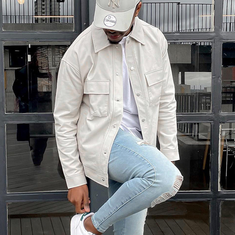 Men’s Jacket – Relaxed Fit – Faux Leather Look – Snap Button Front – Chest Pockets