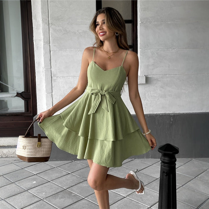Women’s Sleeveless Dress – V-Neck – Spaghetti Straps – Tiered Skirt – Waist Tie Fit