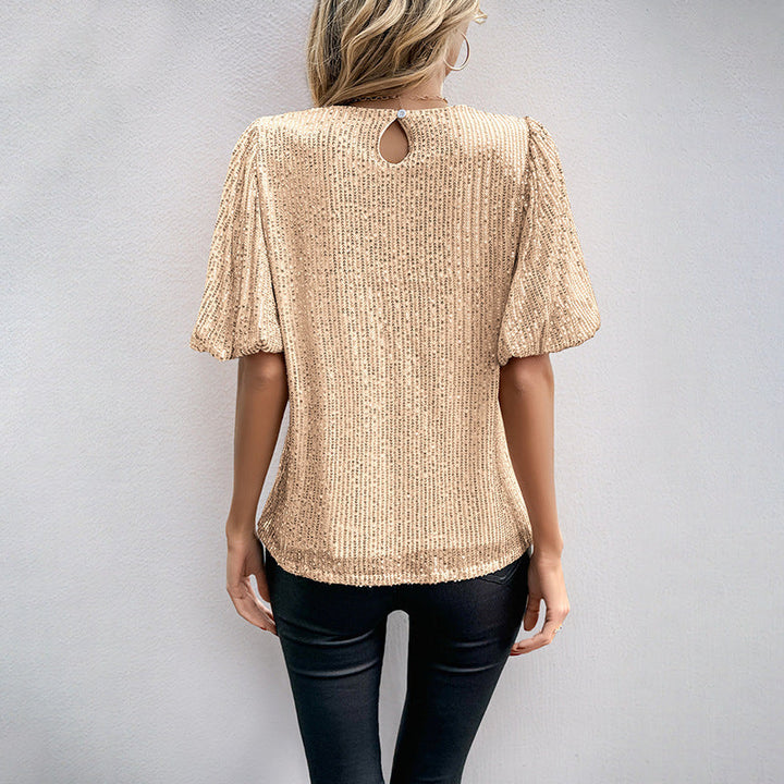 Women’s Sequin T-Shirt – Relaxed Fit – Bell Sleeves – Round Neck Party Wear