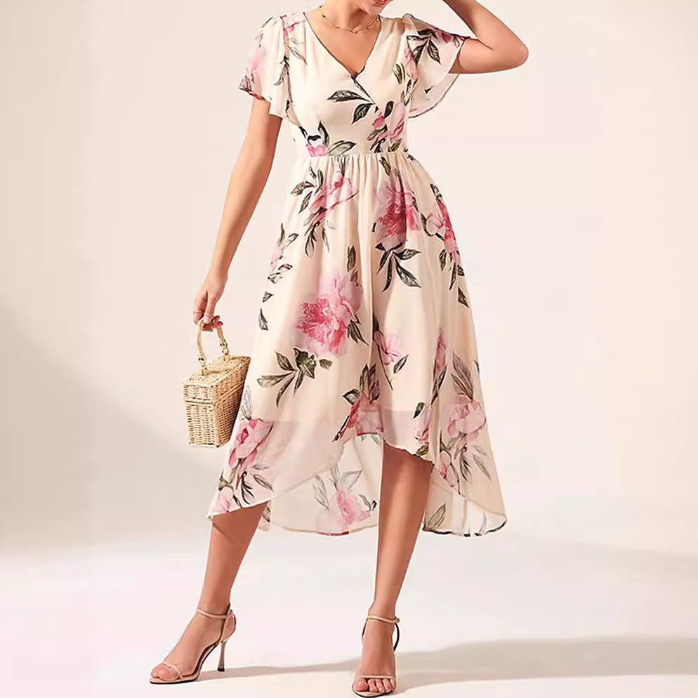 Women’s Dress – V-Neck Wrap Style – Flutter Sleeve – High-Low Hem – Lightweight Fabric