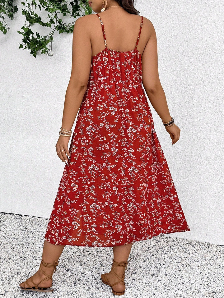 Women’s Maxi Dress – Floral Print – Flowing Fit – Spaghetti Straps – Side Slit – Cotton Blend