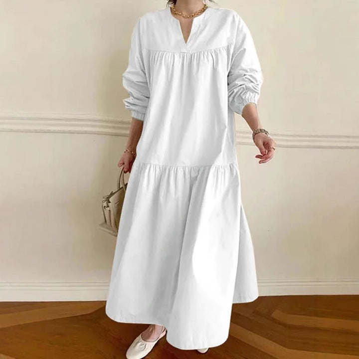 Women’s Maxi Dress - Loose Fit - V-Neck - Long Sleeve - Tiered Skirt Boho Style